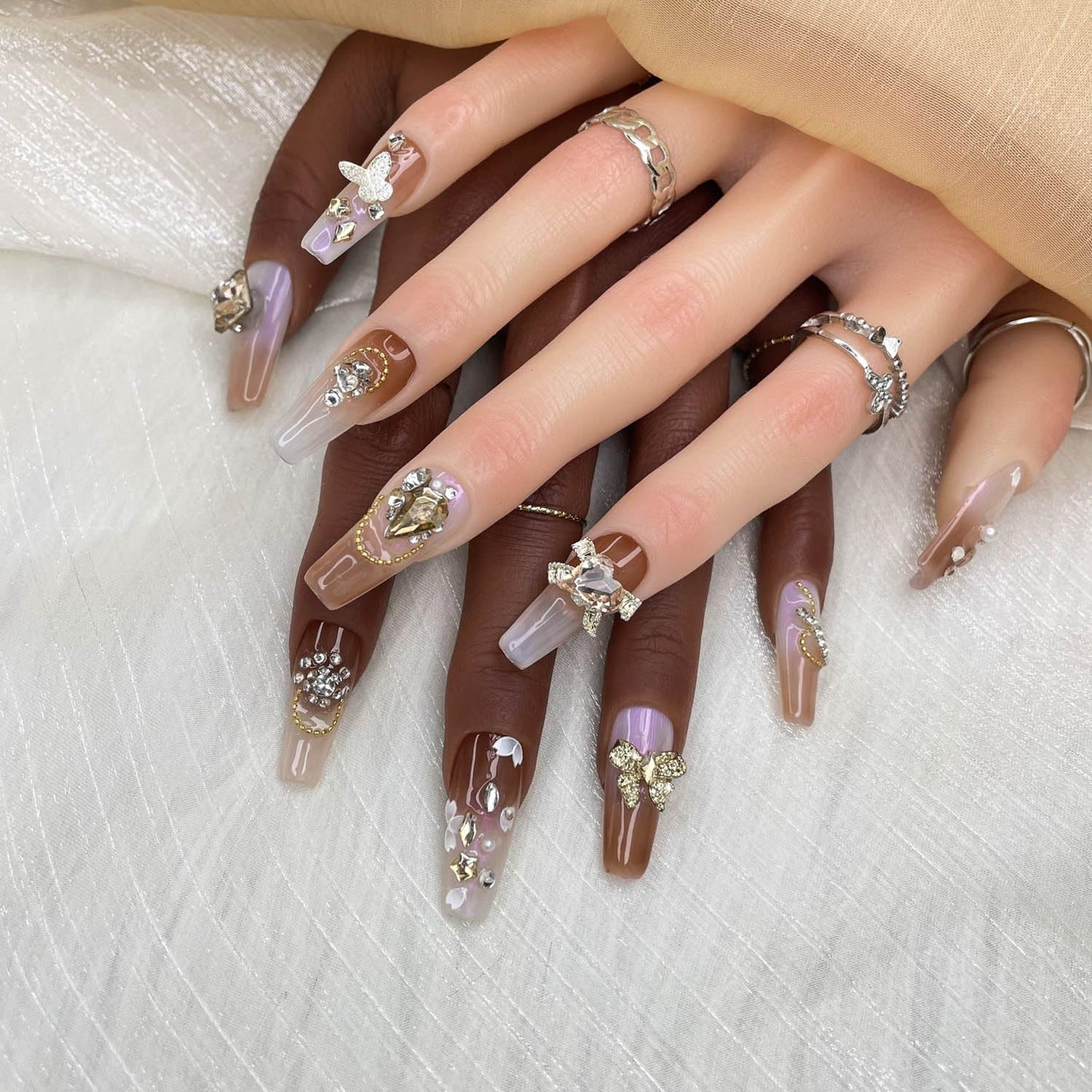 GGDDSHA Handmade Press On Nails, Luxury & Custom FakeNails 3D Handmade Reusable UV Finished False Nails, HandPainted Nail,Ivory Filigree