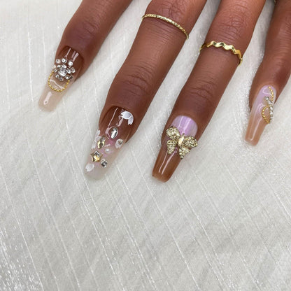 GGDDSHA Handmade Press On Nails, Luxury & Custom FakeNails 3D Handmade Reusable UV Finished False Nails, HandPainted Nail,Ivory Filigree